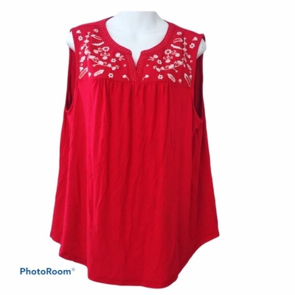 Dalia Tops - Dalia Red Sleeveless Floral Embroidered Plus Size Blouse Tunic Women size XXL